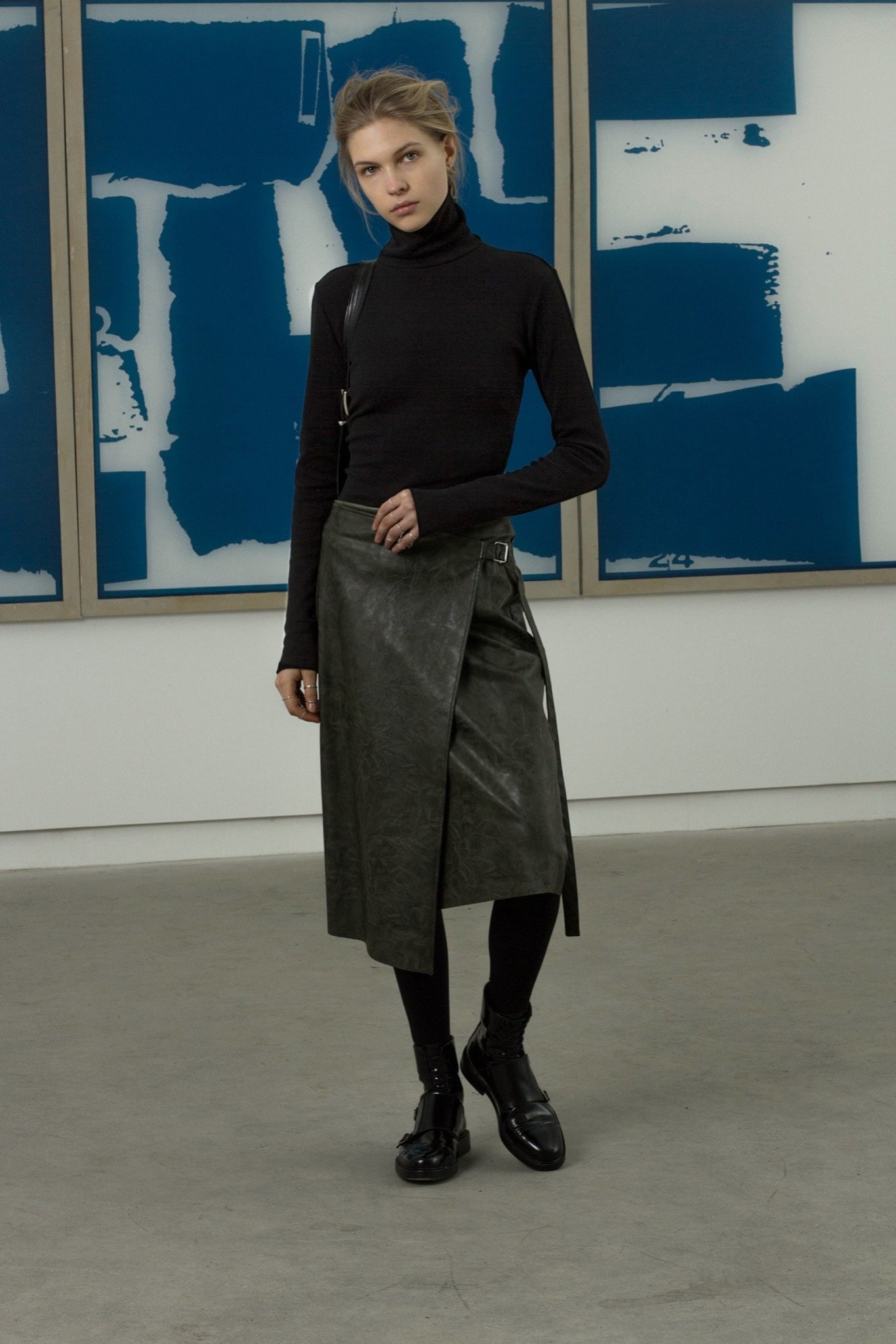 green leather wrap midi skirt