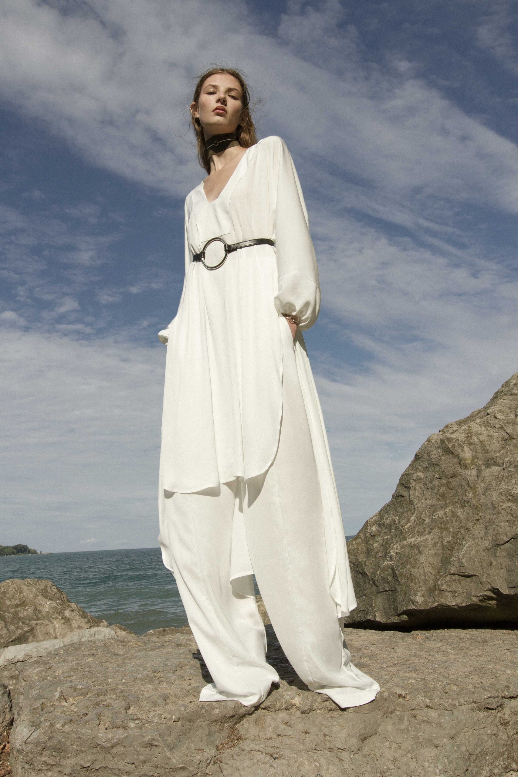 white draped v-neck top