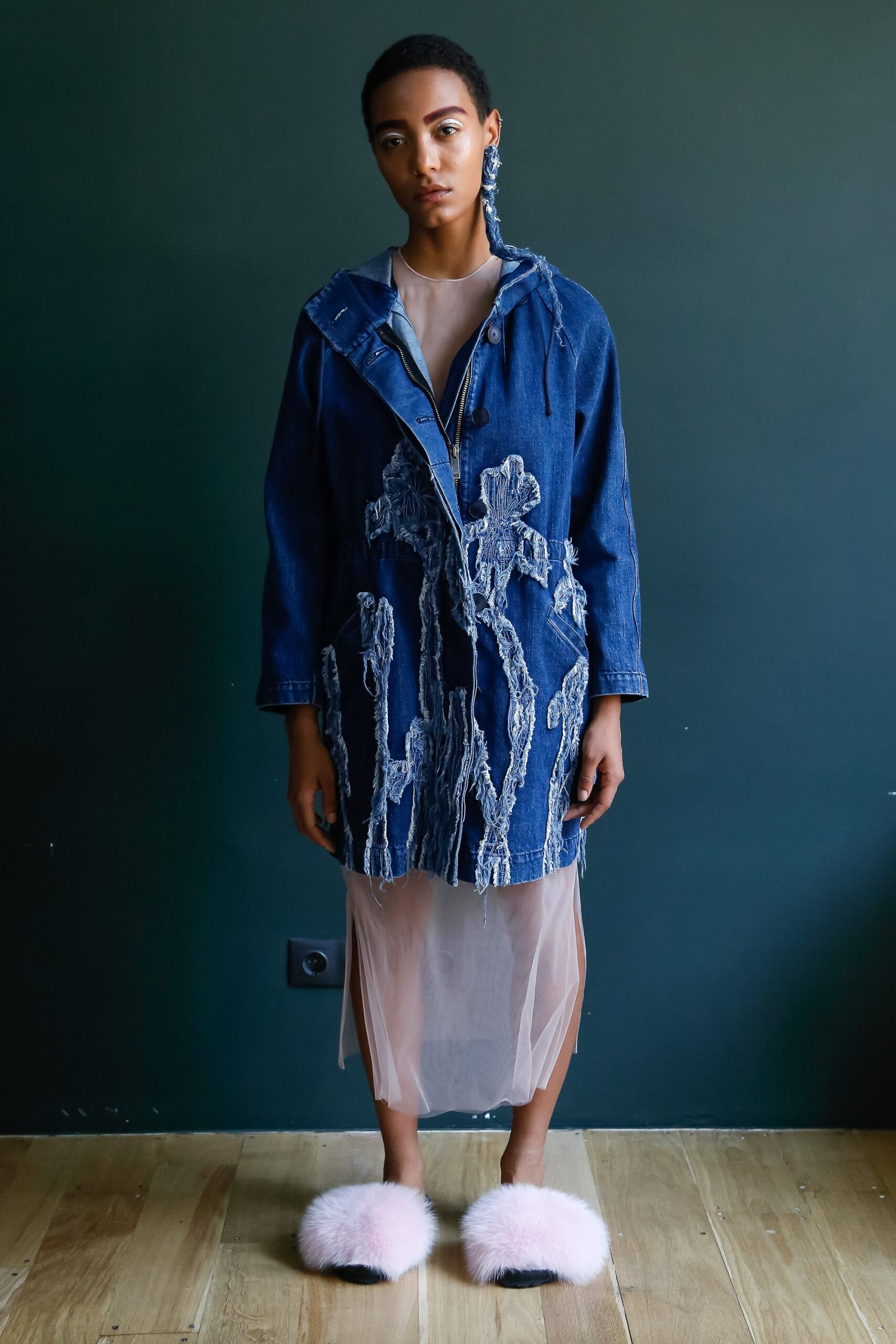 distressed denim hooded coat