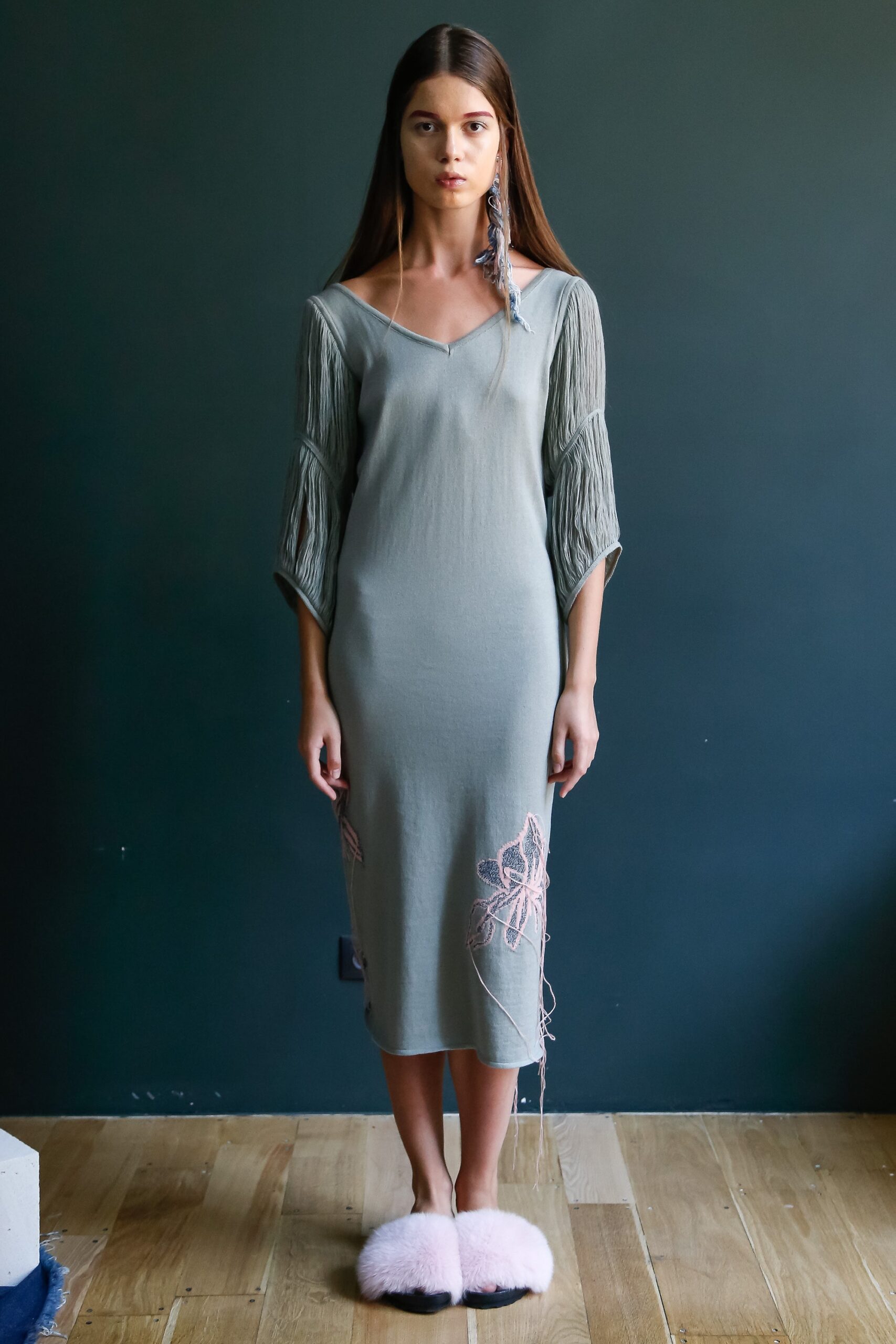 sage fringed embroidered midi dress