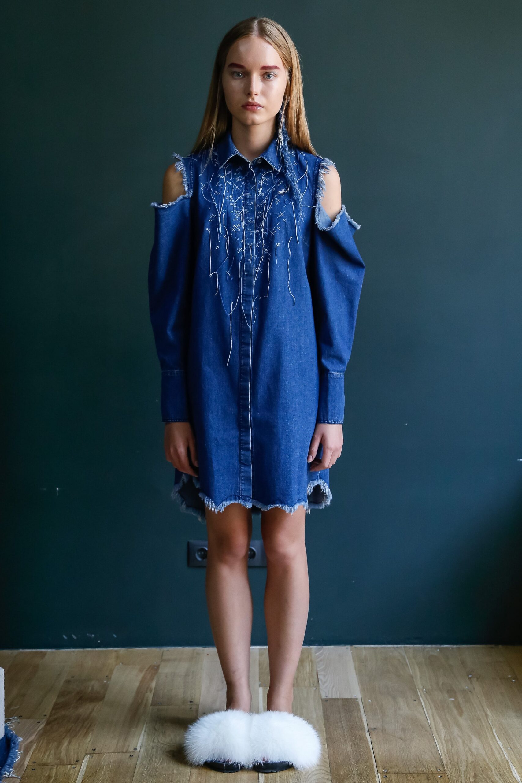blue denim cutout shirt-dress