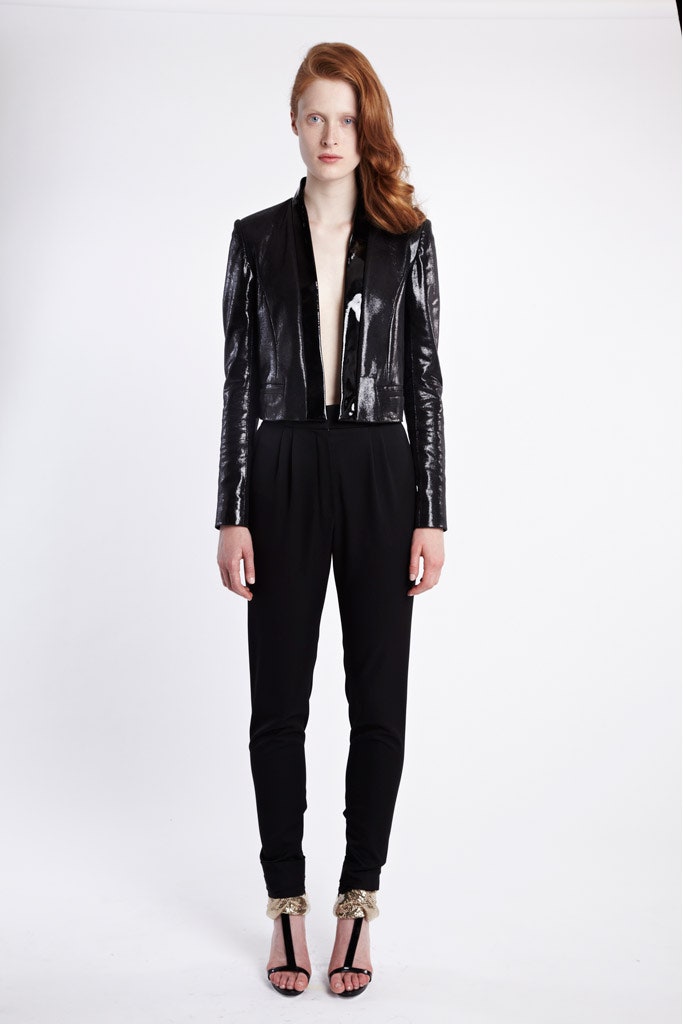 black leather fitted jacket and pants