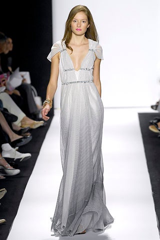 white and gray pleated gown