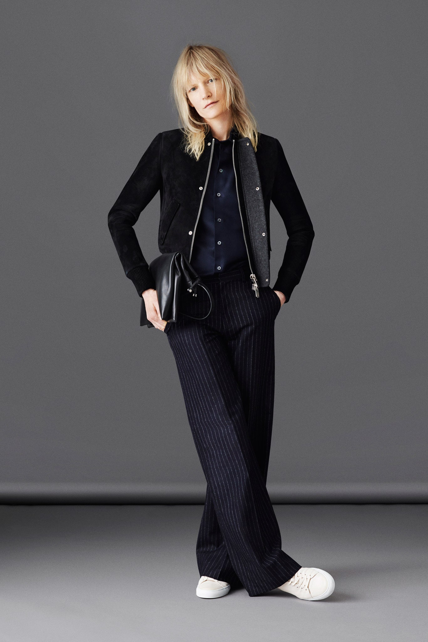 black suede long-sleeve collared fitted zippered jacket