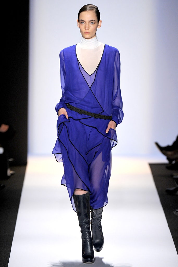 blue chiffon long-sleeve v-neck relaxed layered flowing dress