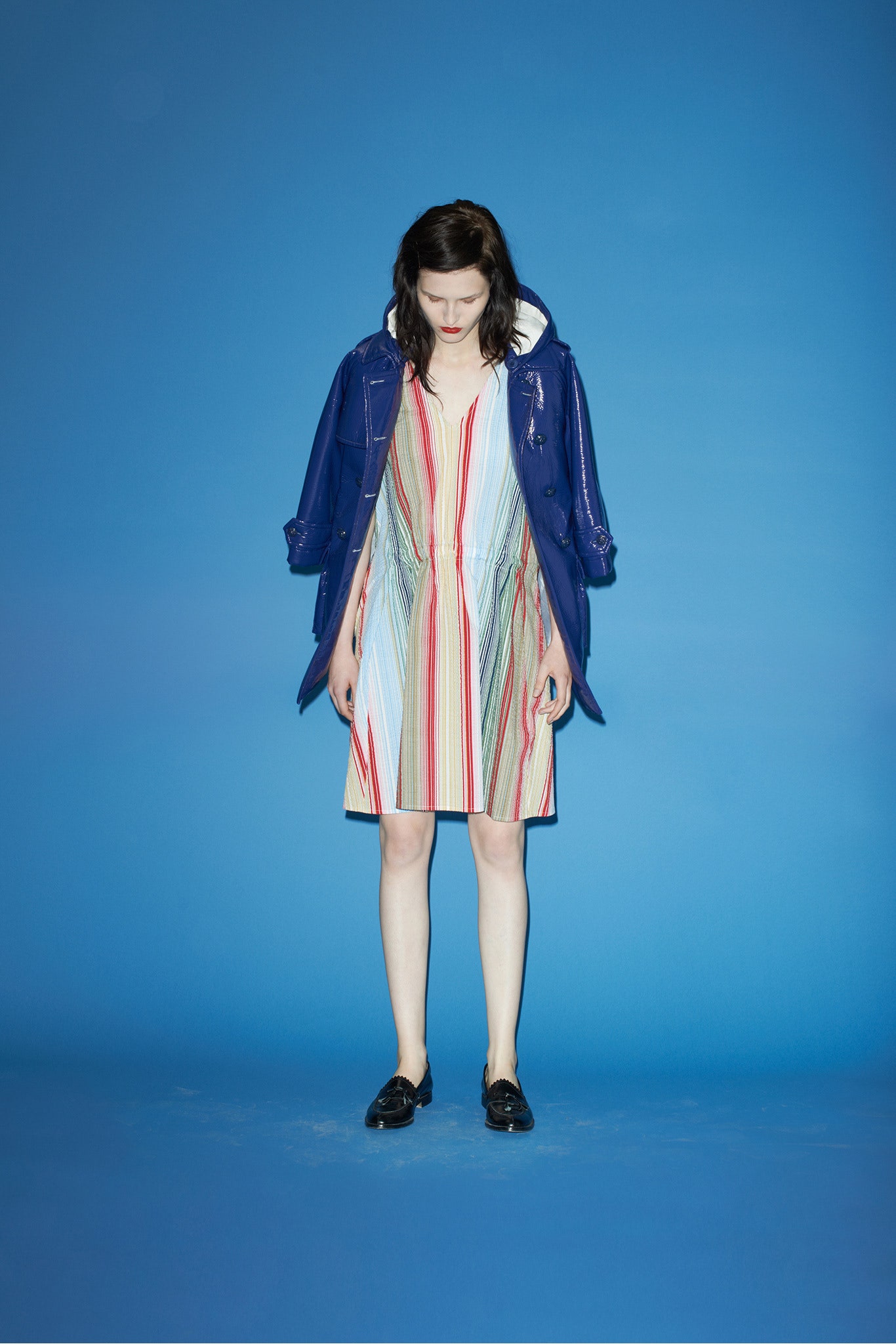 striped mini dress with blue coat