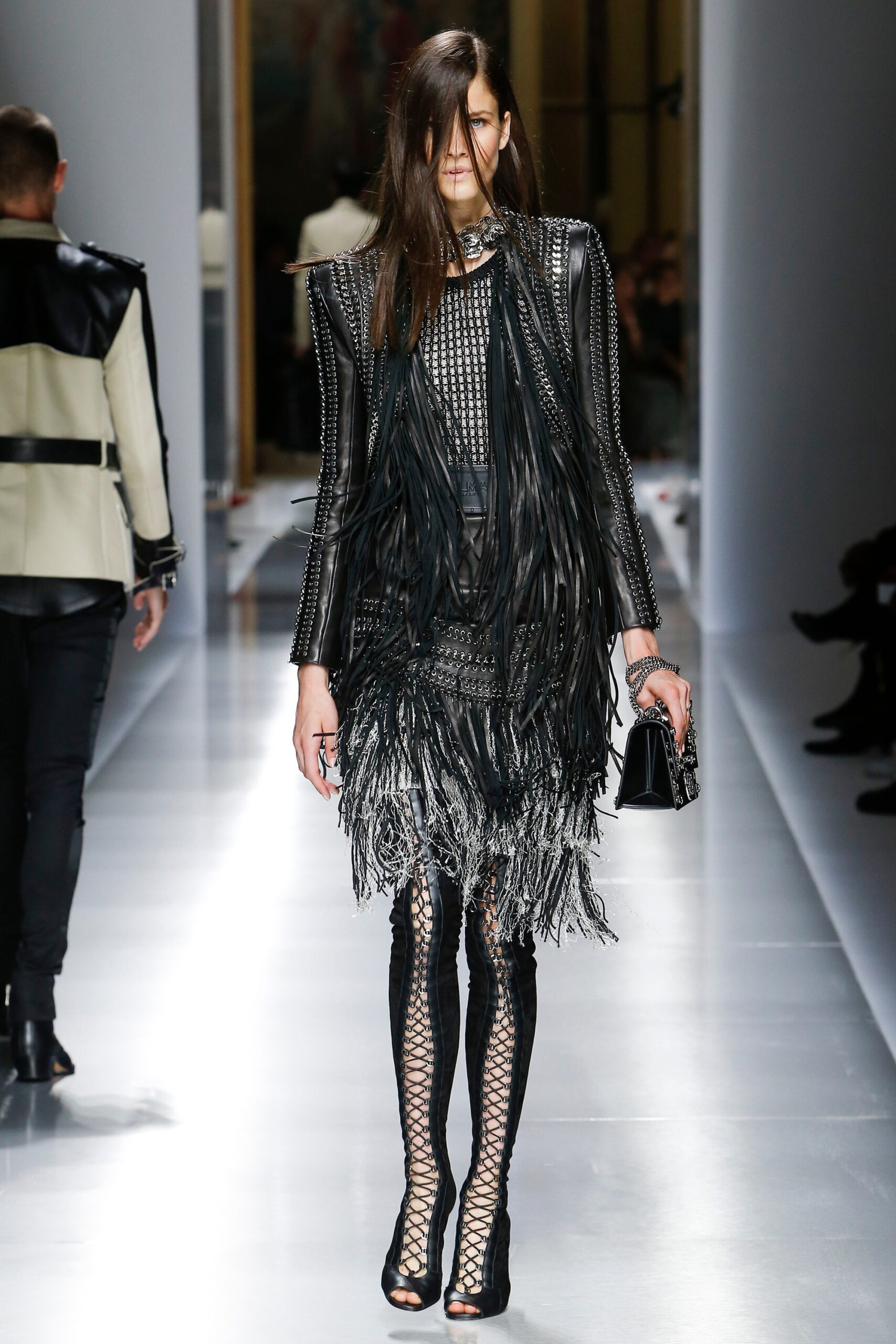 black fringed mini dress with heels