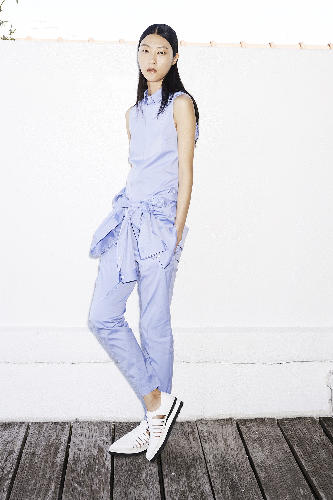 blue cotton sleeveless jumpsuit