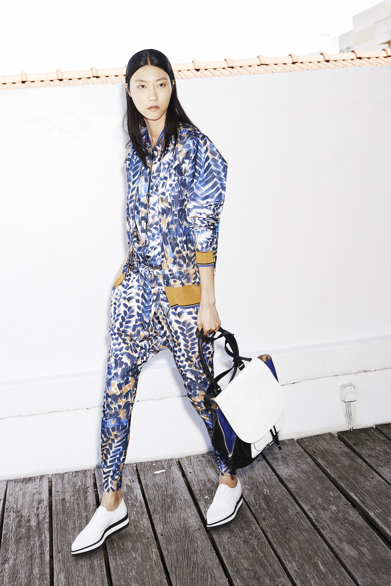 blue printed silk jacket and pants