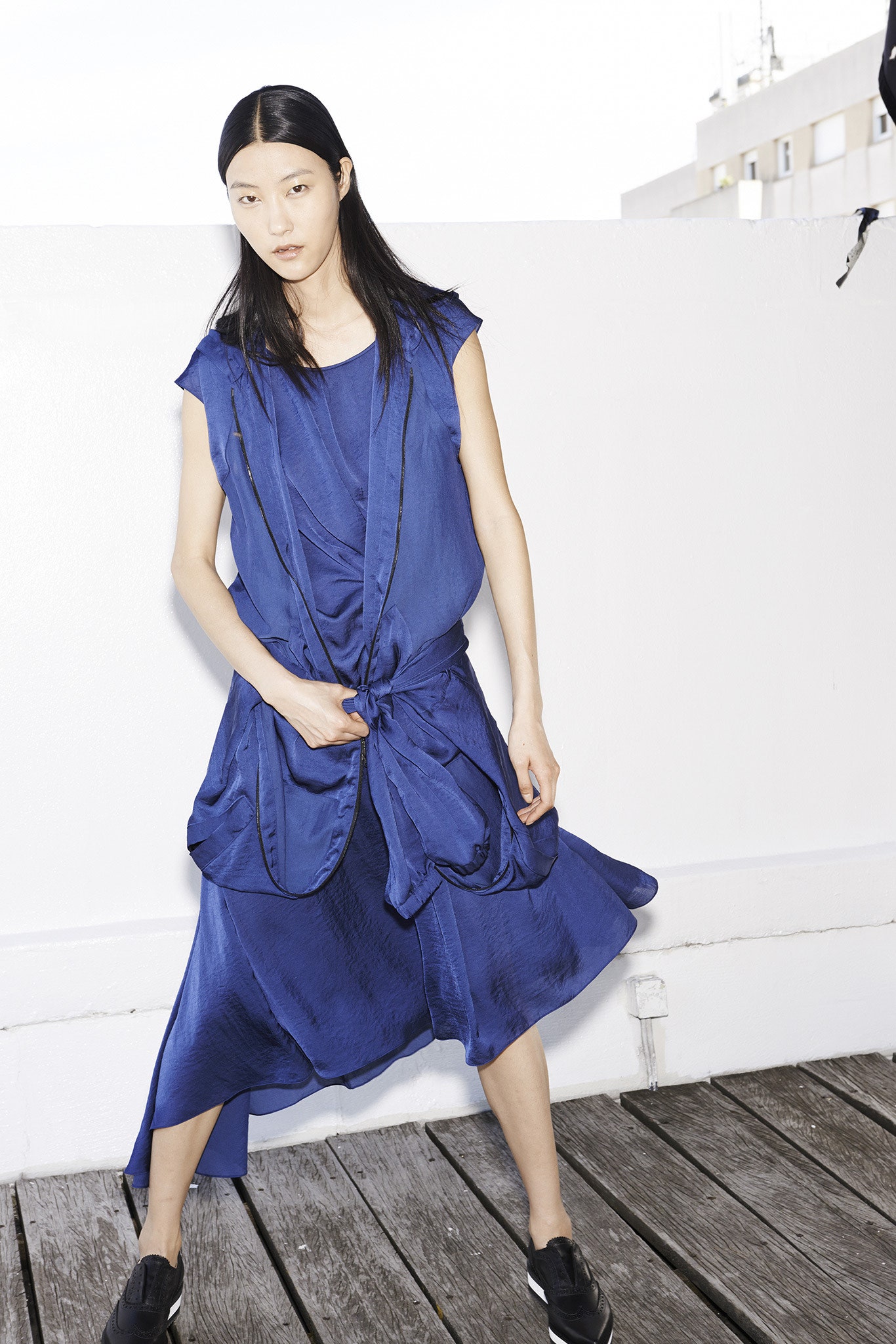 blue silk sleeveless dress
