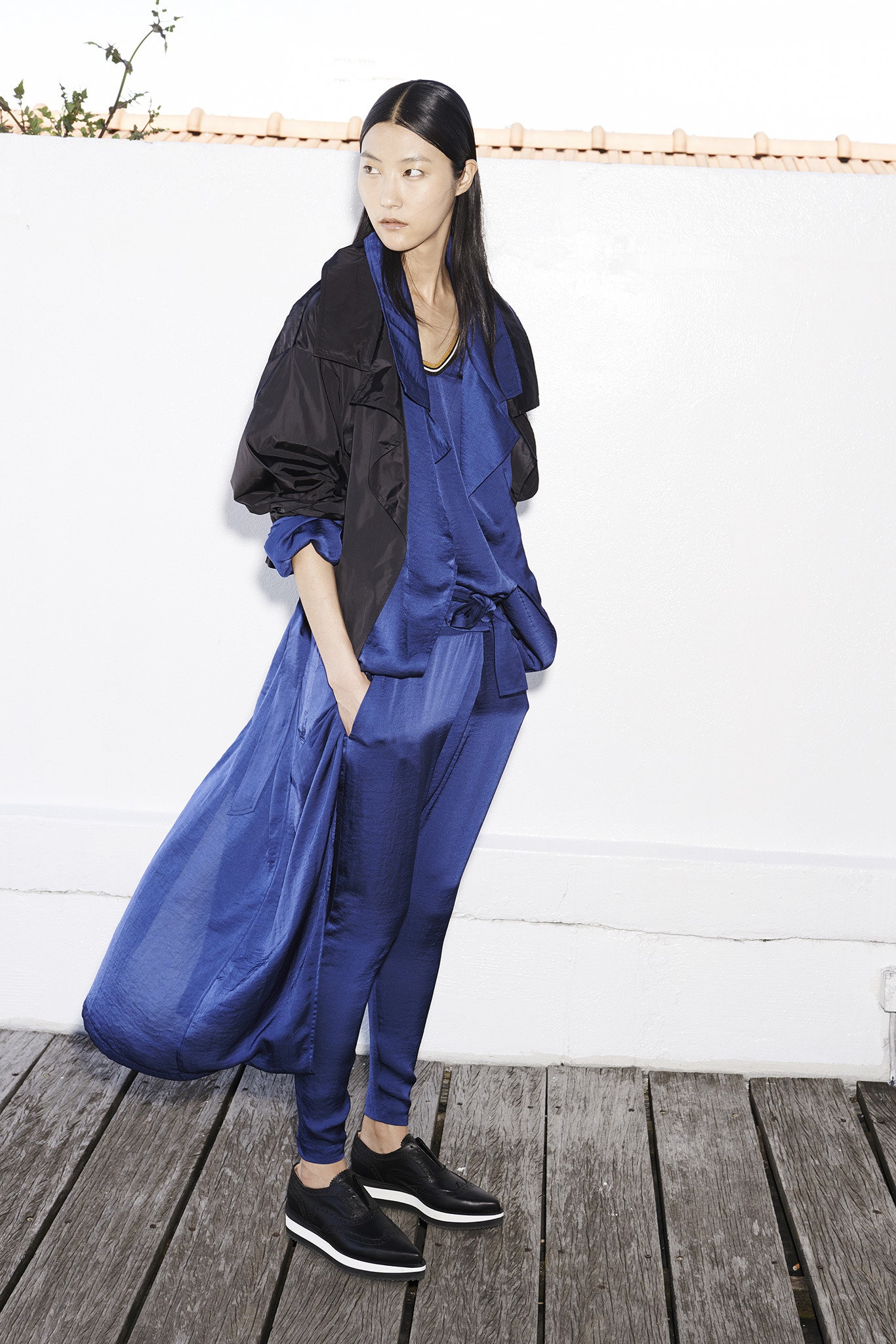 black jacket blue silk outfit