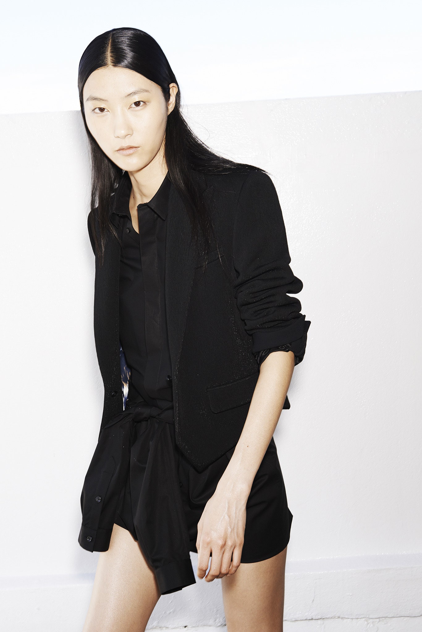 black tailored blazer and shirt