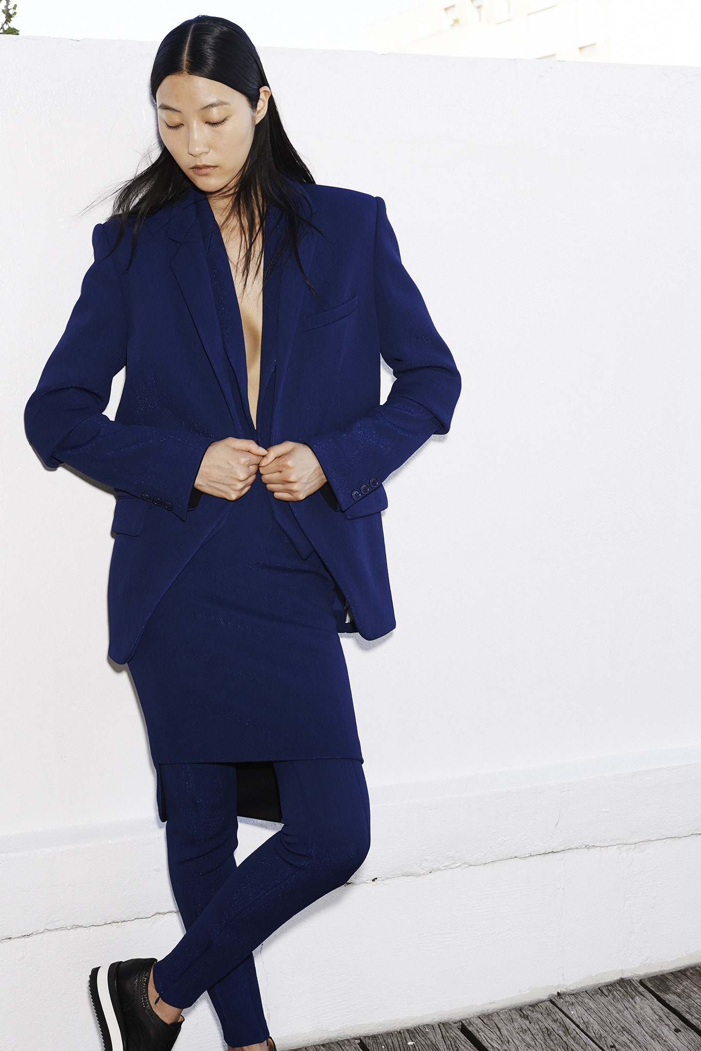 blue tailored blazer and skirt