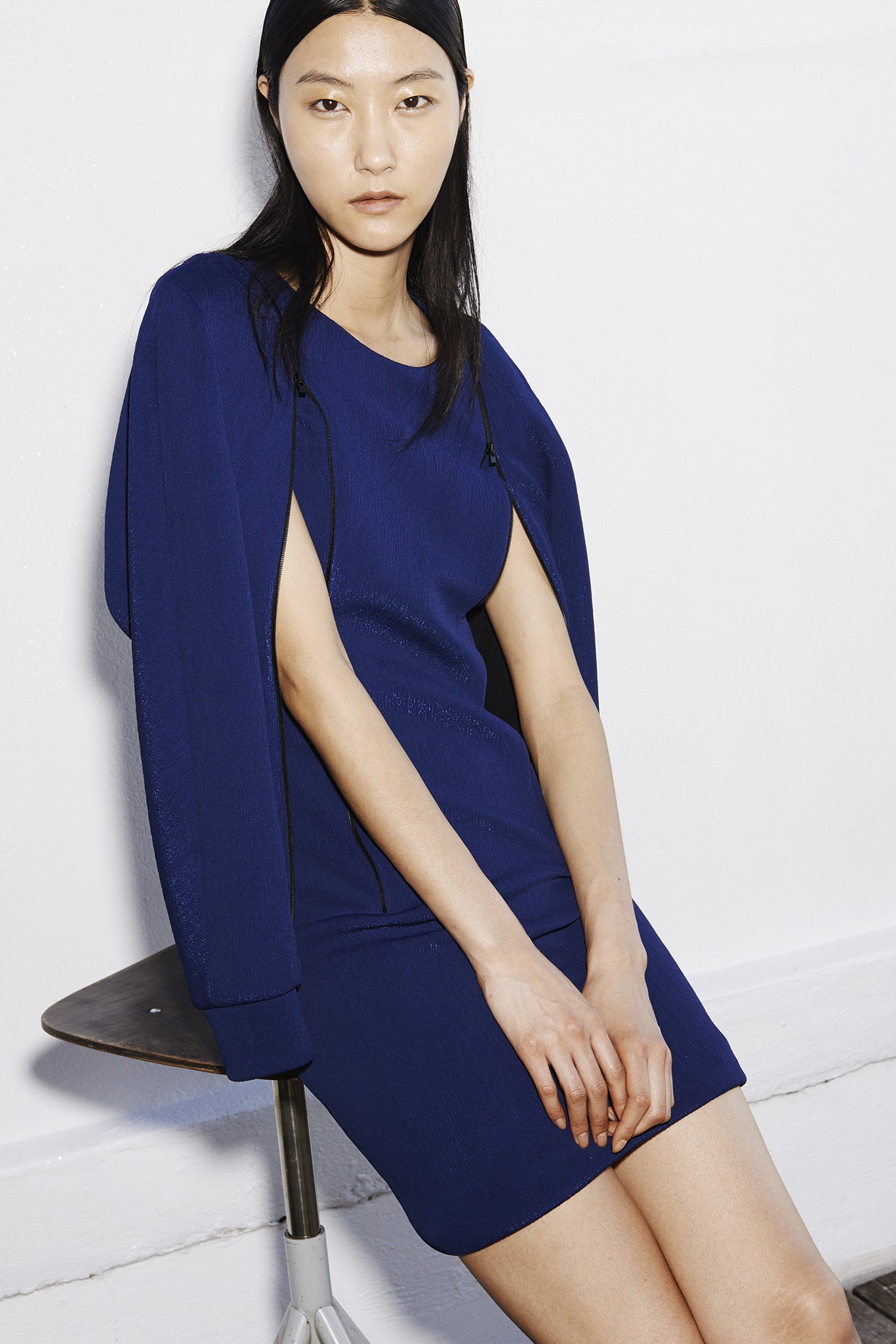 blue fitted dress with relaxed jacket