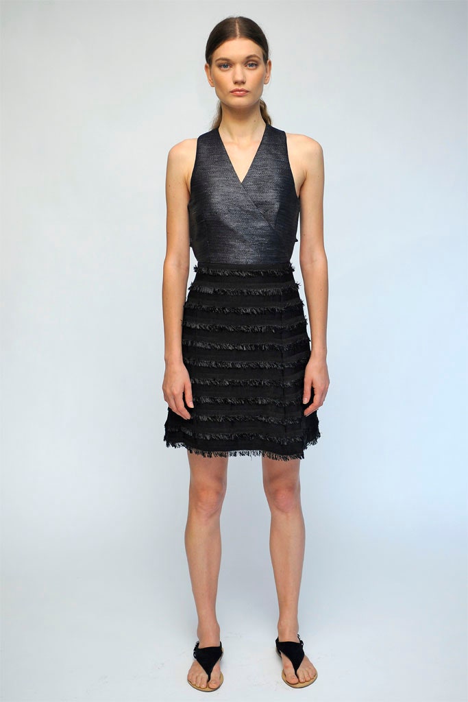 black sleeveless v-neck fringed textured mini dress