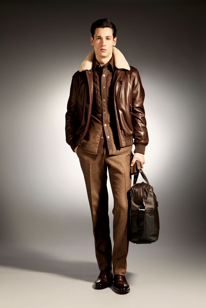 brown leather jacket with shirt and pants