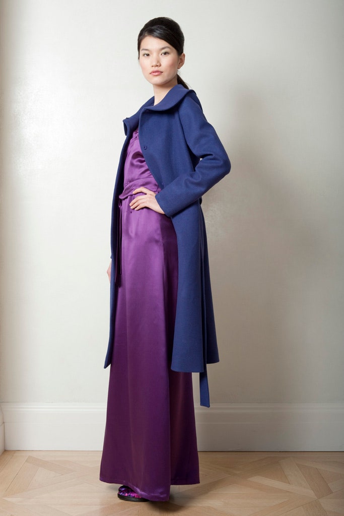 blue wool tailored coat and purple satin gown
