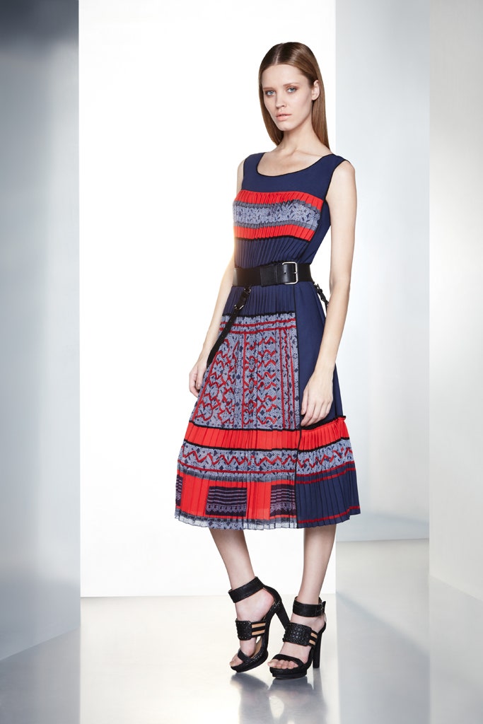 blue and red pleated midi dress