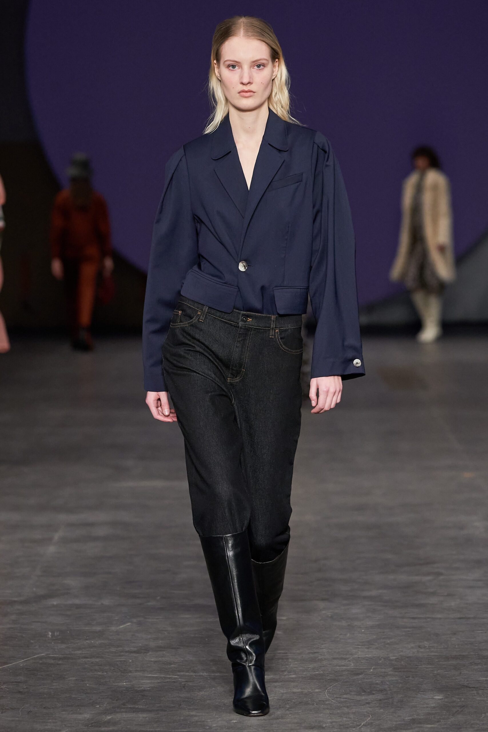 blue tailored blazer with black pants