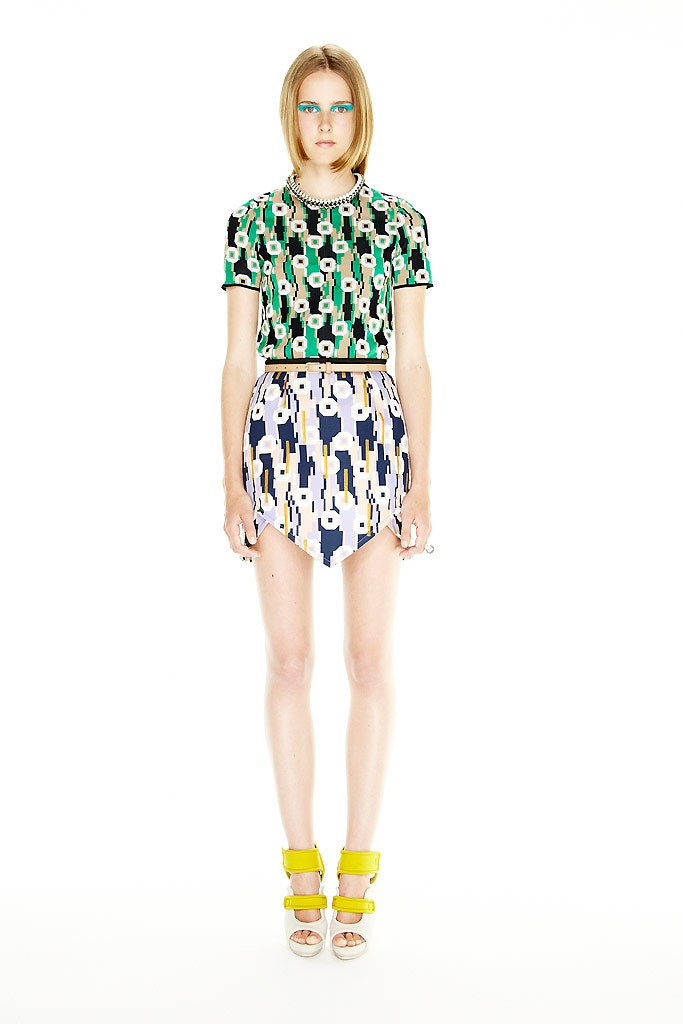 fitted printed top and asymmetric skirt