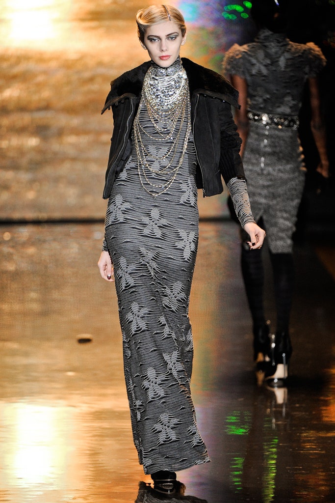 black silk long-sleeve high-neck fitted printed tiered dress