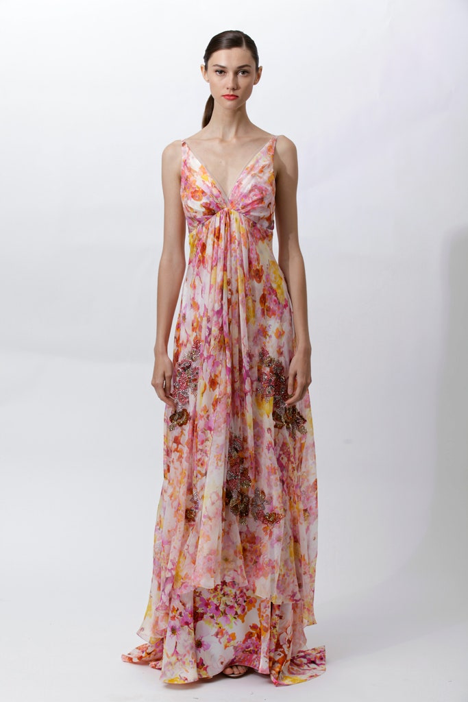 floral silk sleeveless gown