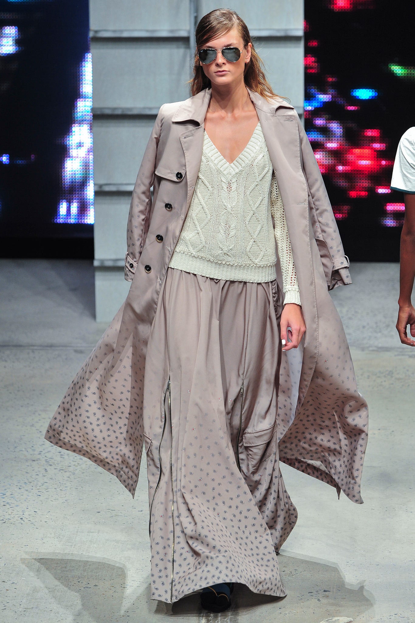beige silk long-sleeve collared relaxed buttoned layered coat