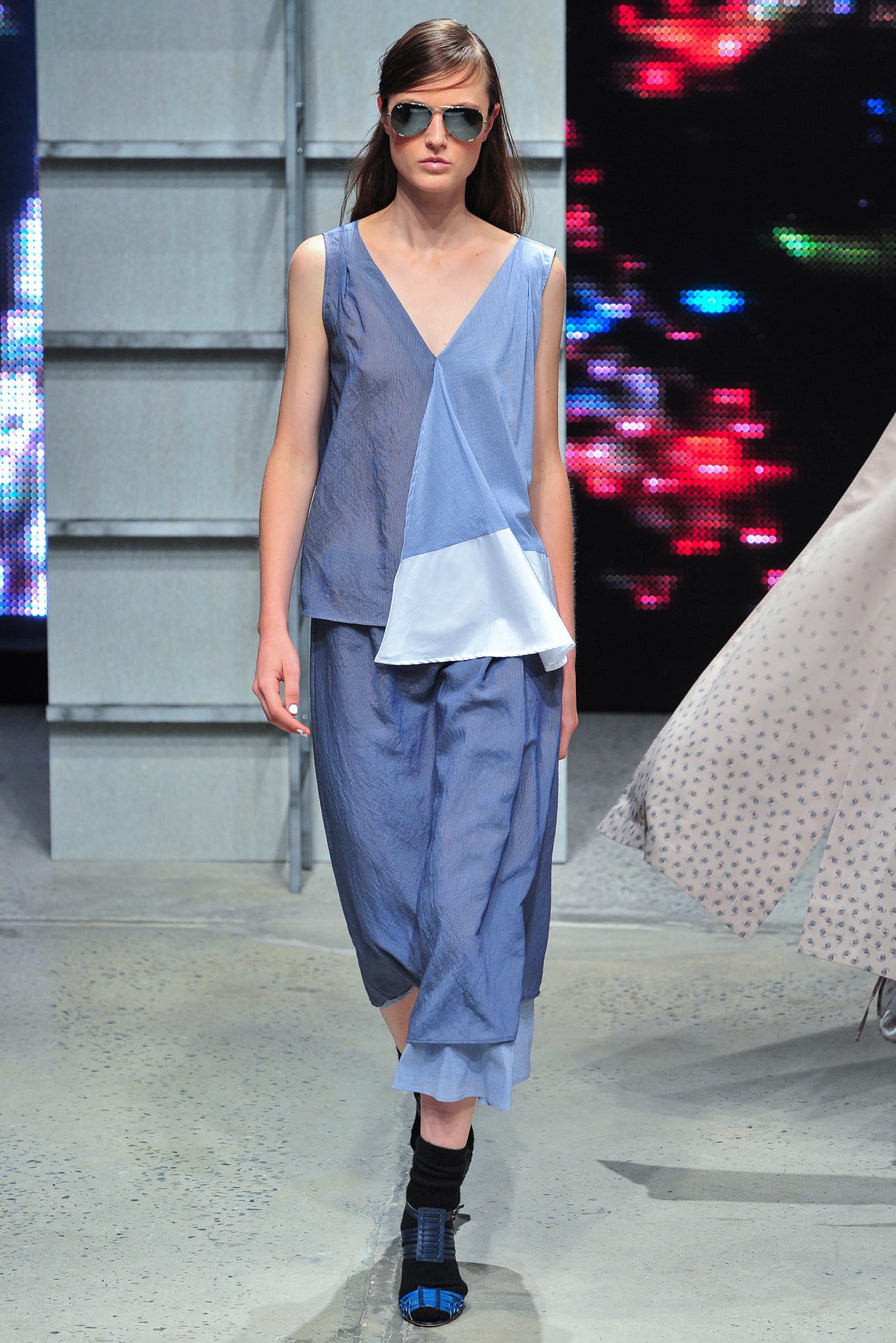 blue asymmetric silk top and skirt