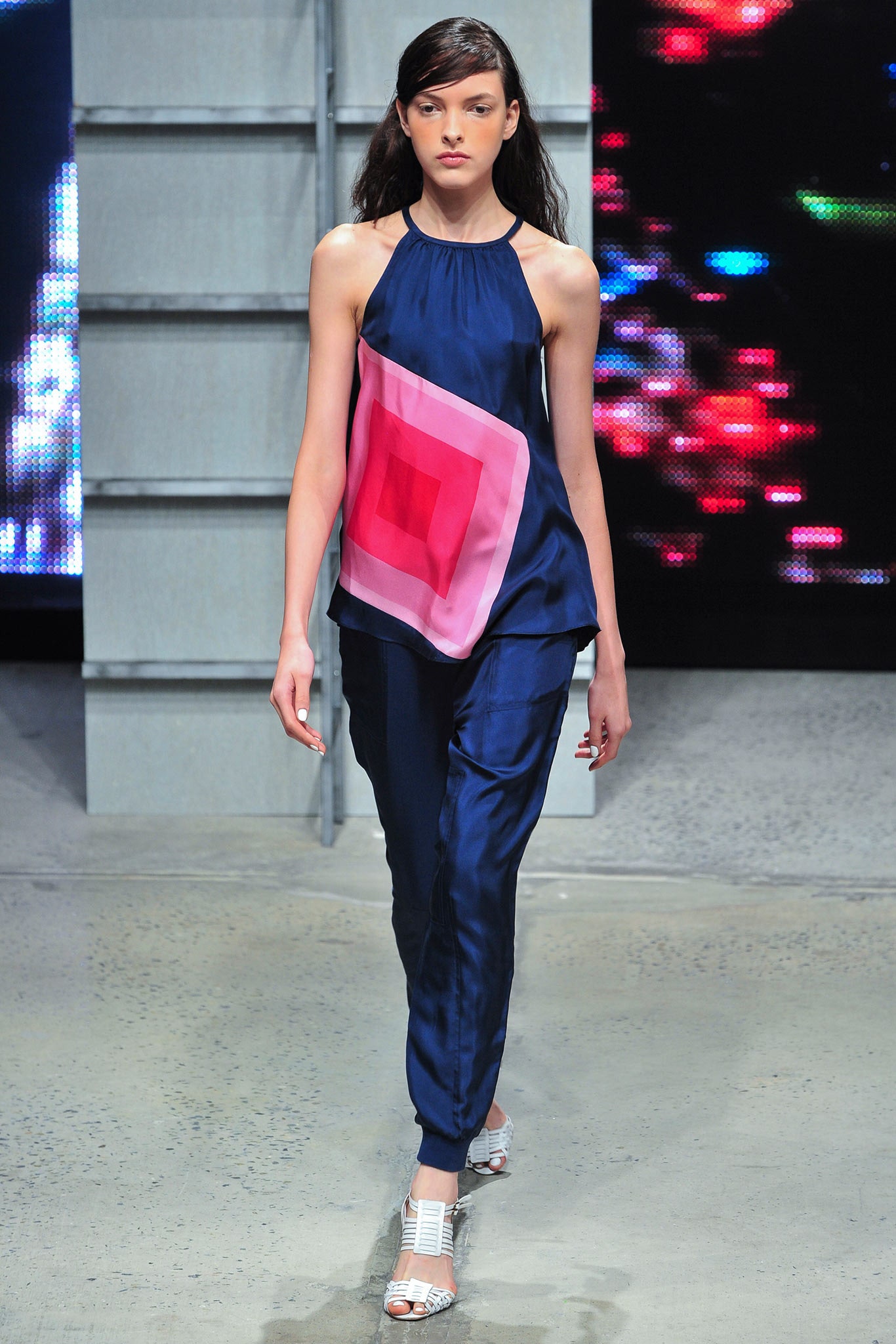 blue silk color-blocked jumpsuit
