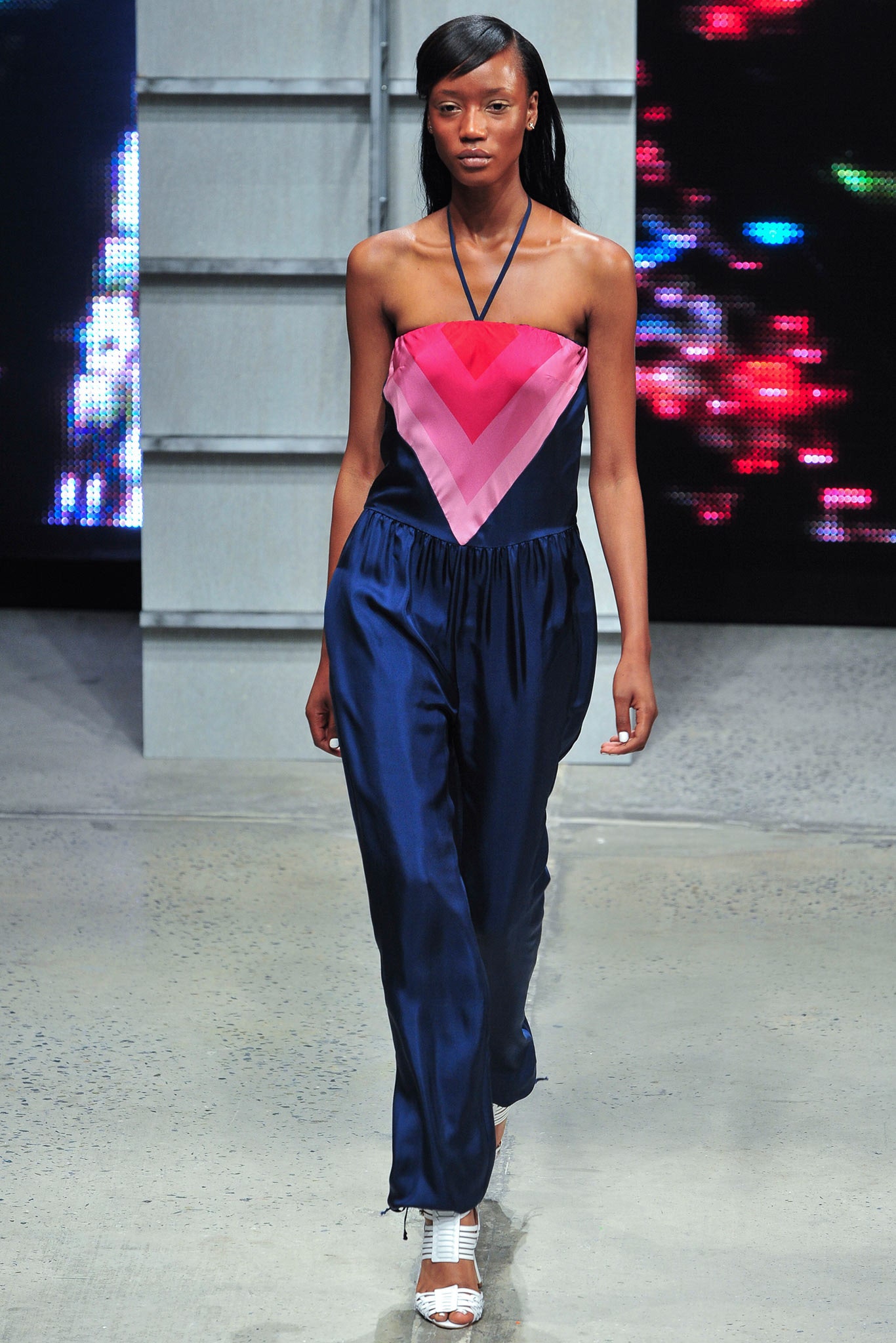 blue and pink color-blocked jumpsuit