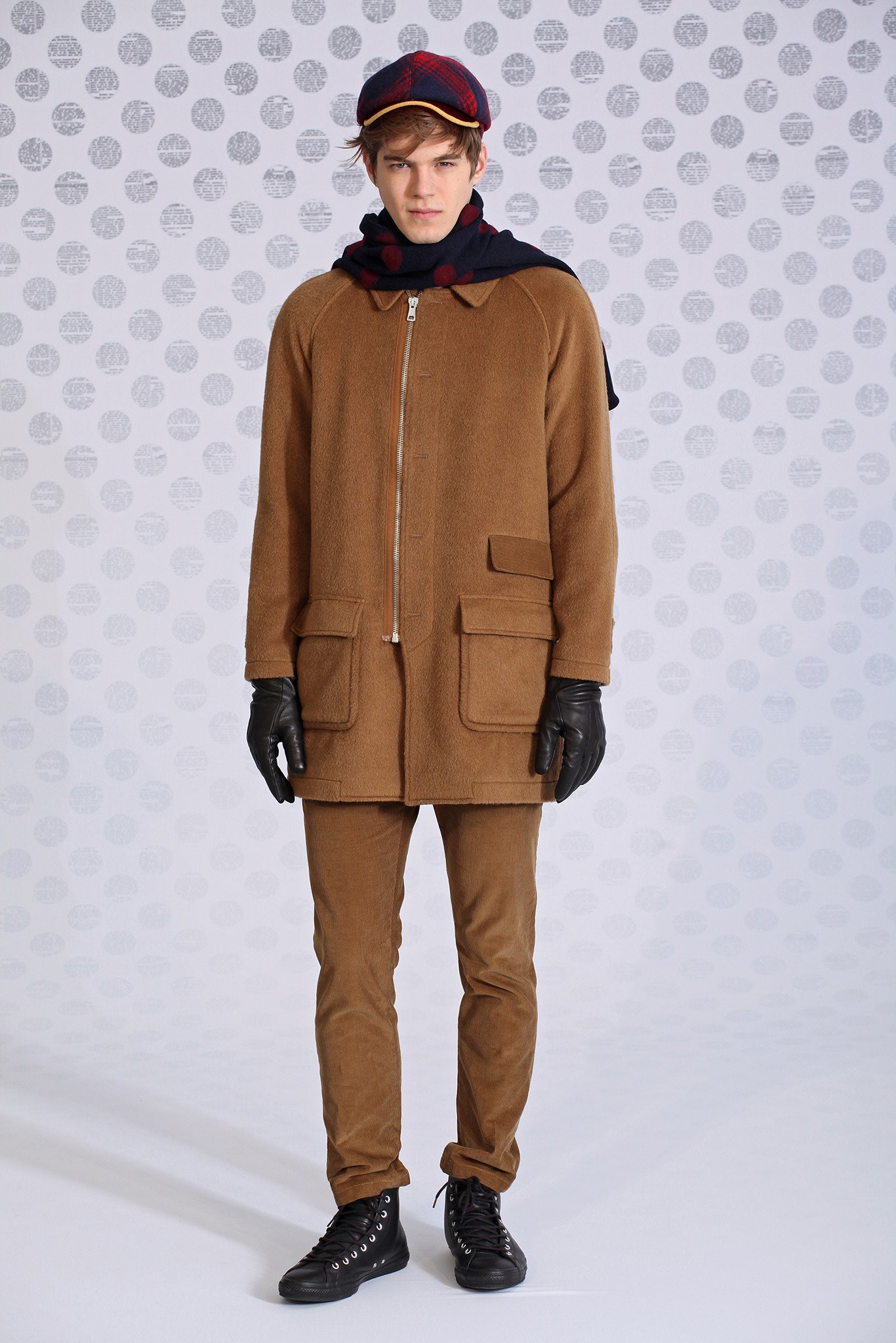 brown wool coat with gloves