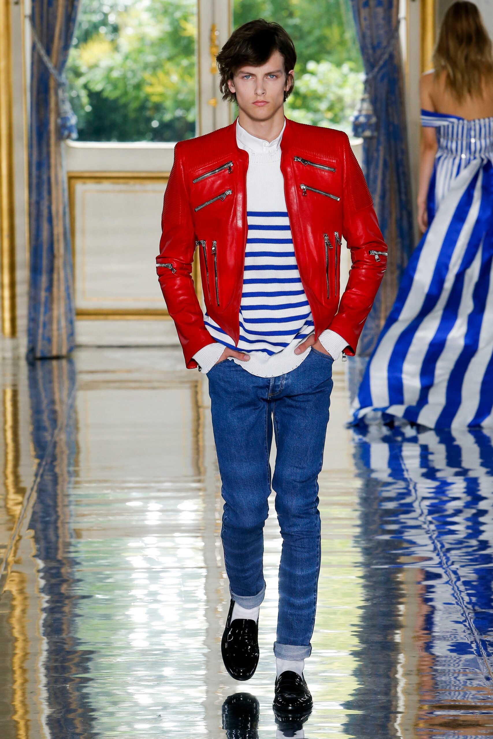 red leather jacket with striped shirt