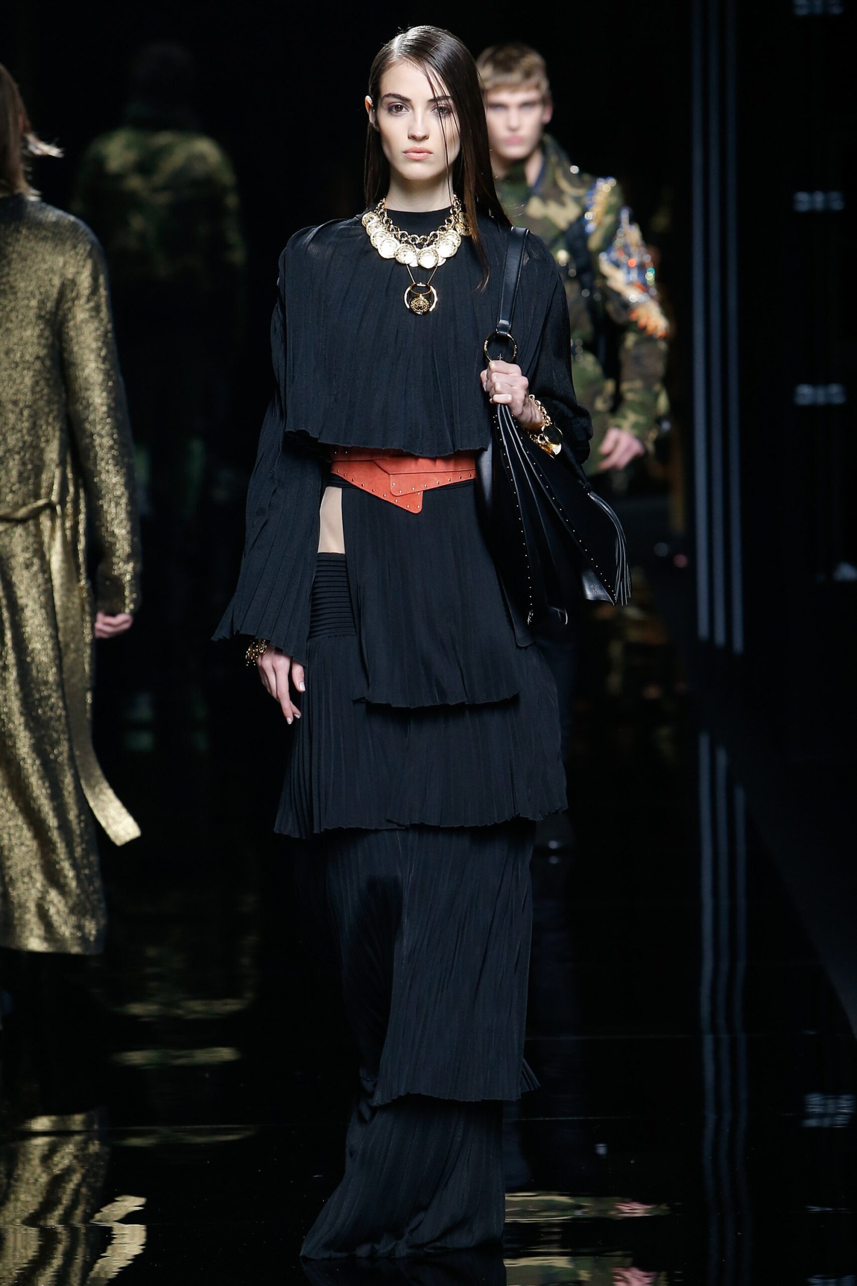 black silk pleated midi dress
