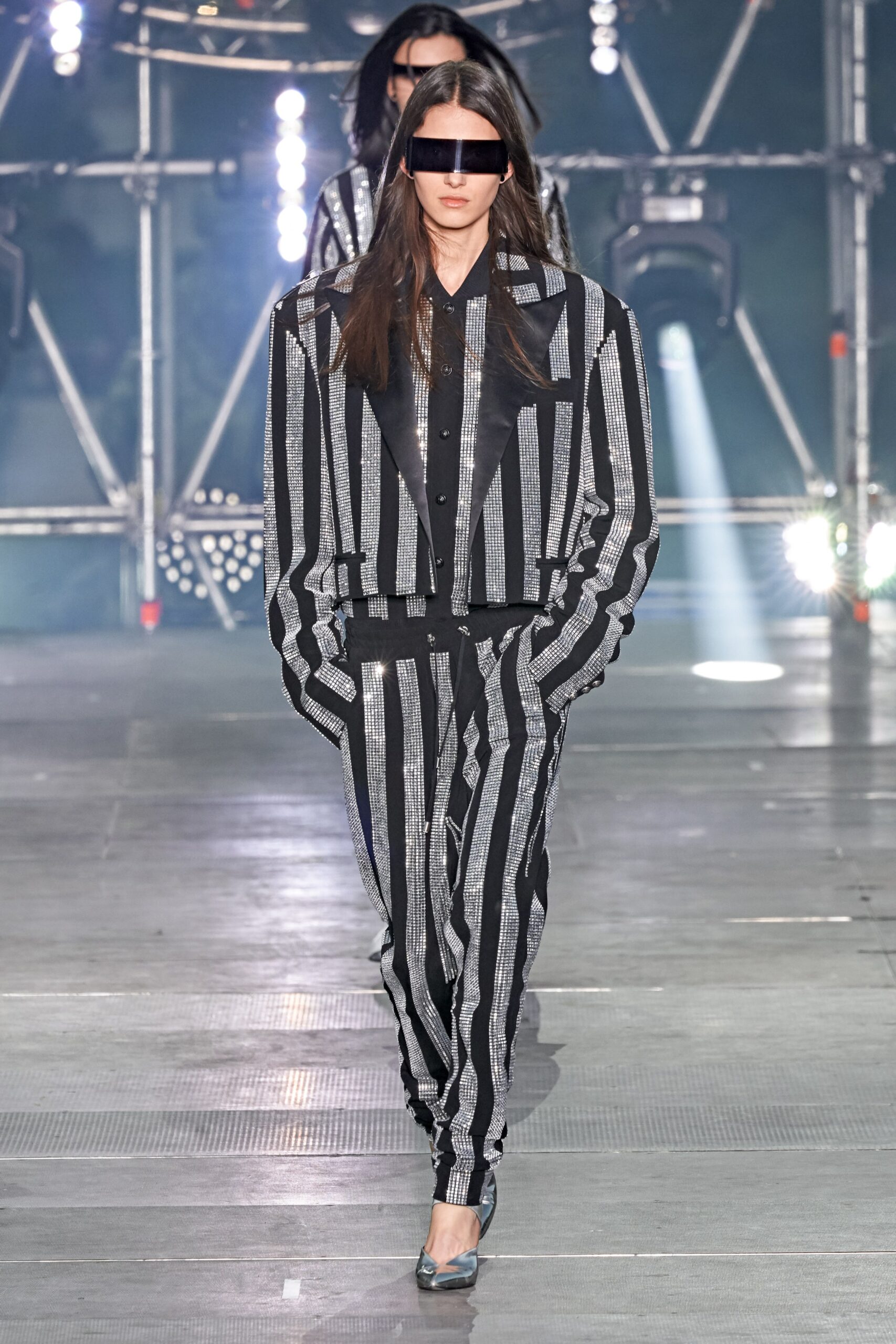 black and white striped suit