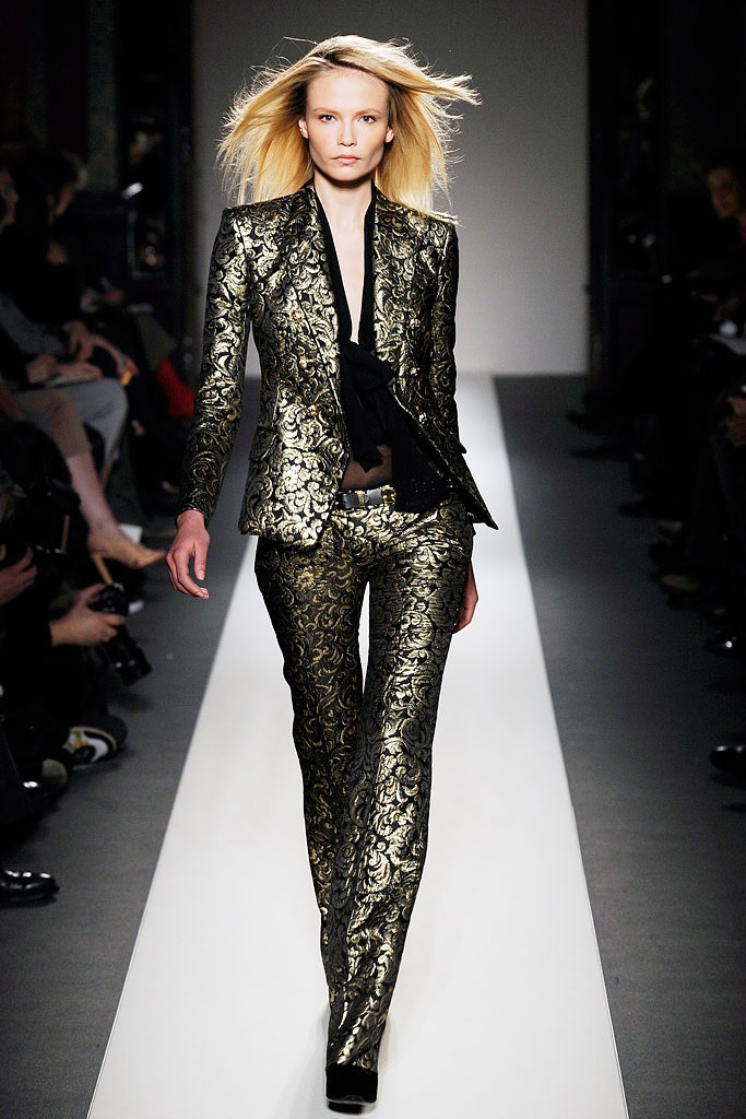 gold silk long-sleeve collared fitted embroidered shiny suit