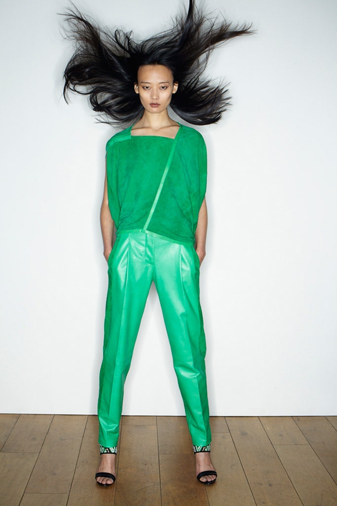 green silk top and leather pants