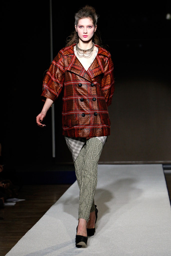 orange checked double-breasted coat