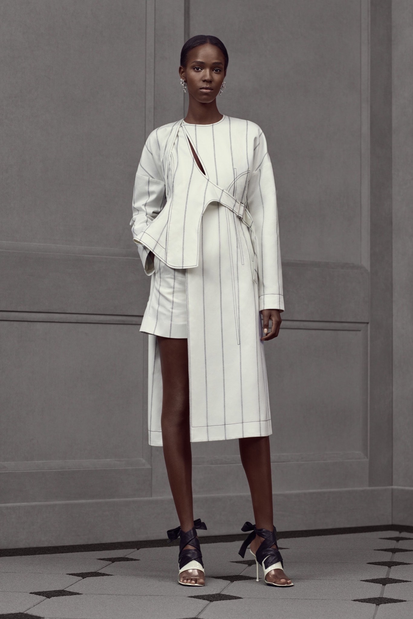 white asymmetric midi dress with black shoes