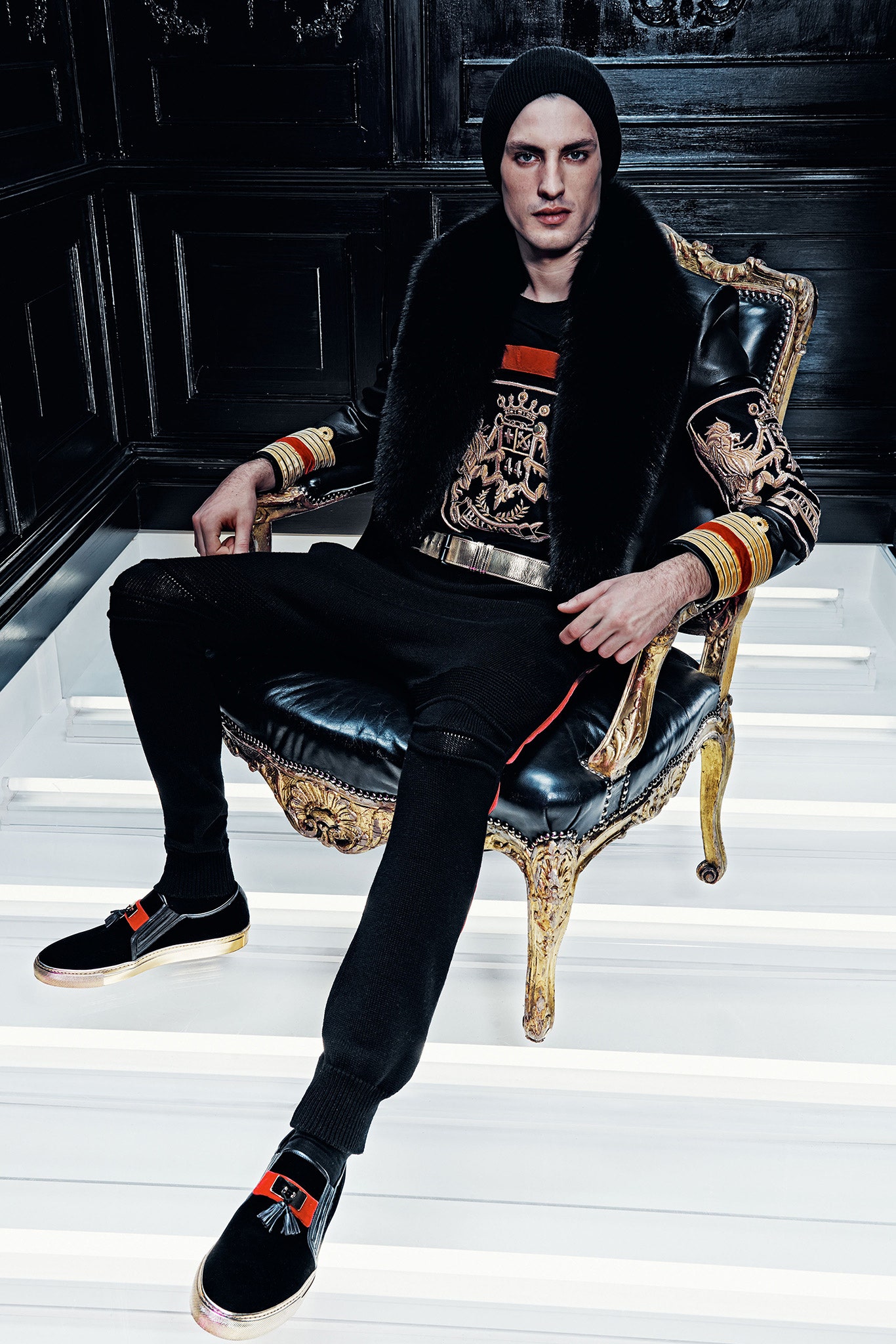 black embroidered jacket and pants