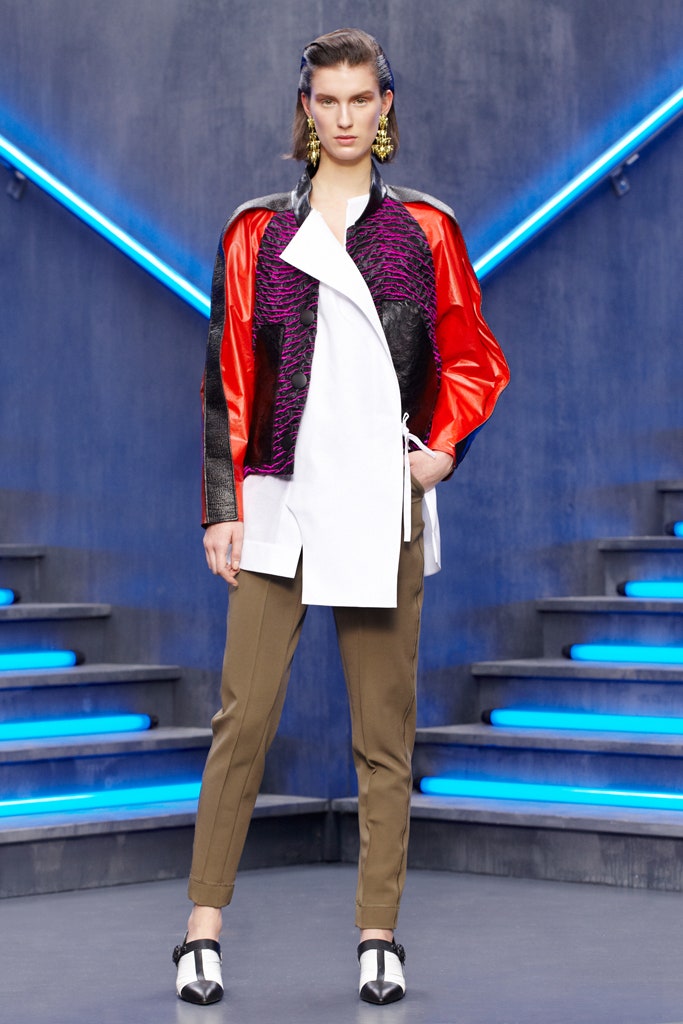 color-blocked leather jacket with tailored pants