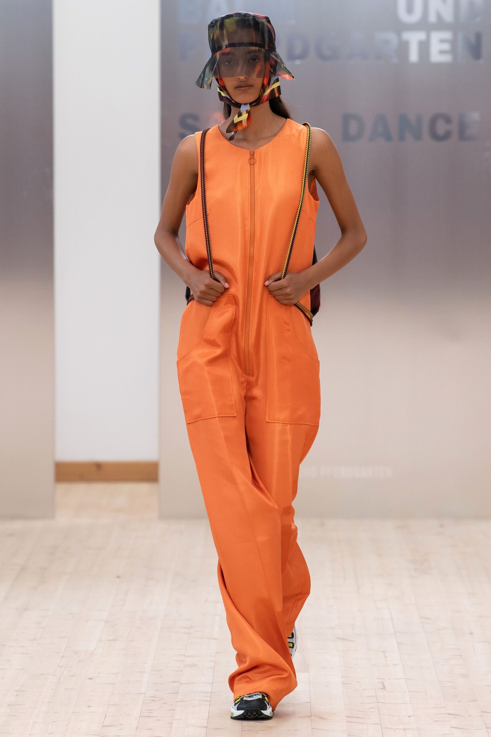 orange cotton sleeveless relaxed zippered pockets jumpsuit