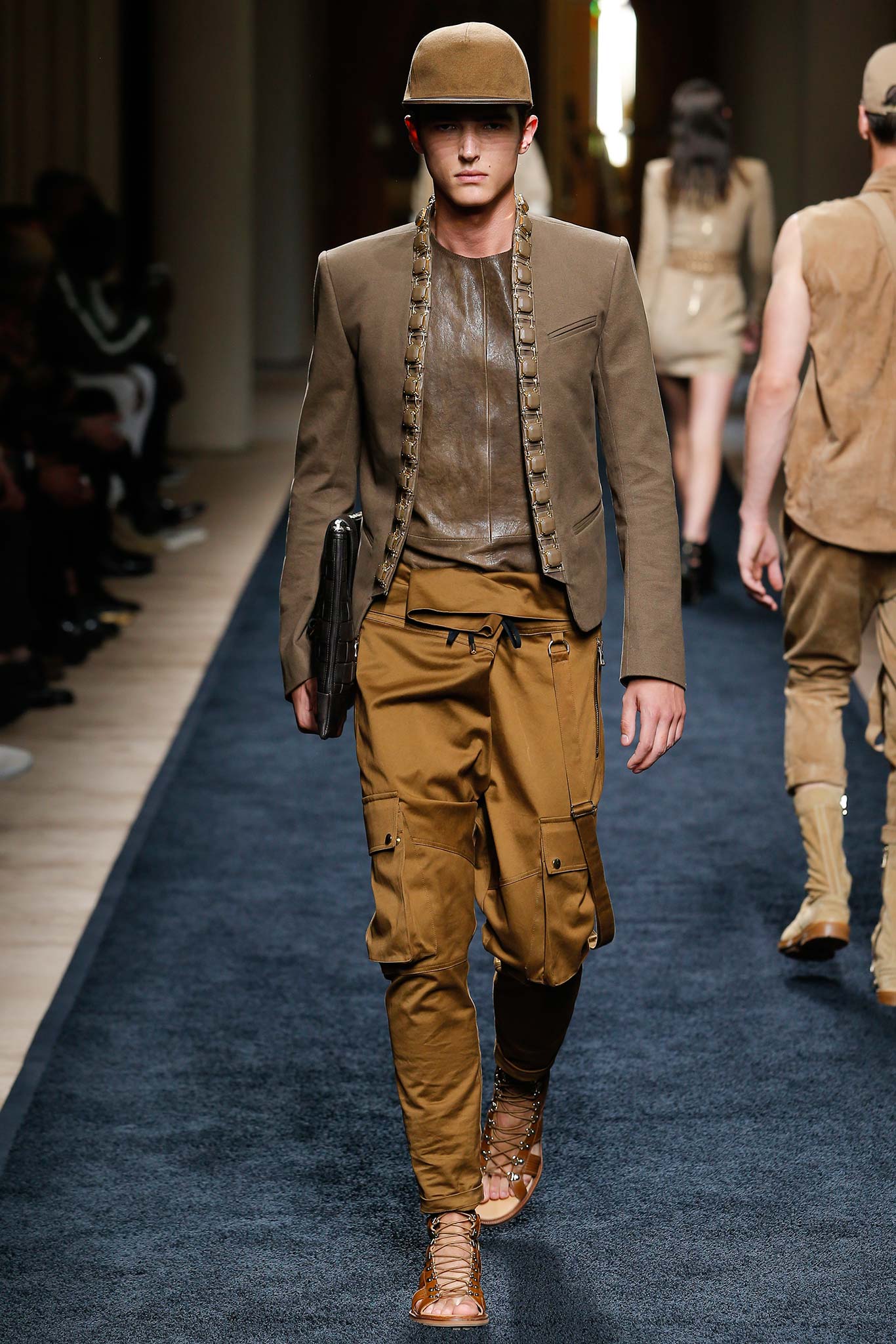brown leather long-sleeve collared structured buttoned jacket