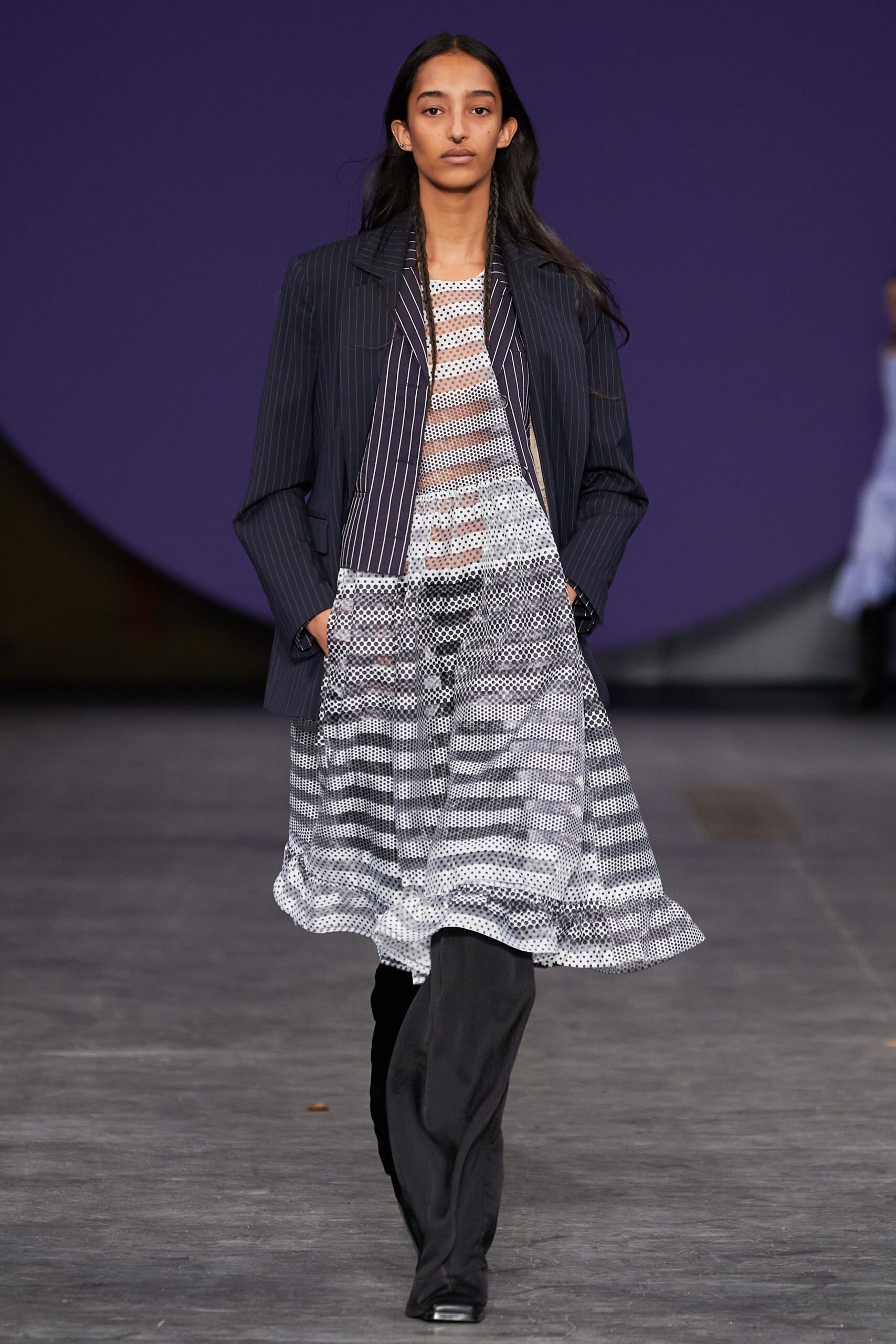 black and white layered midi dress with blazer