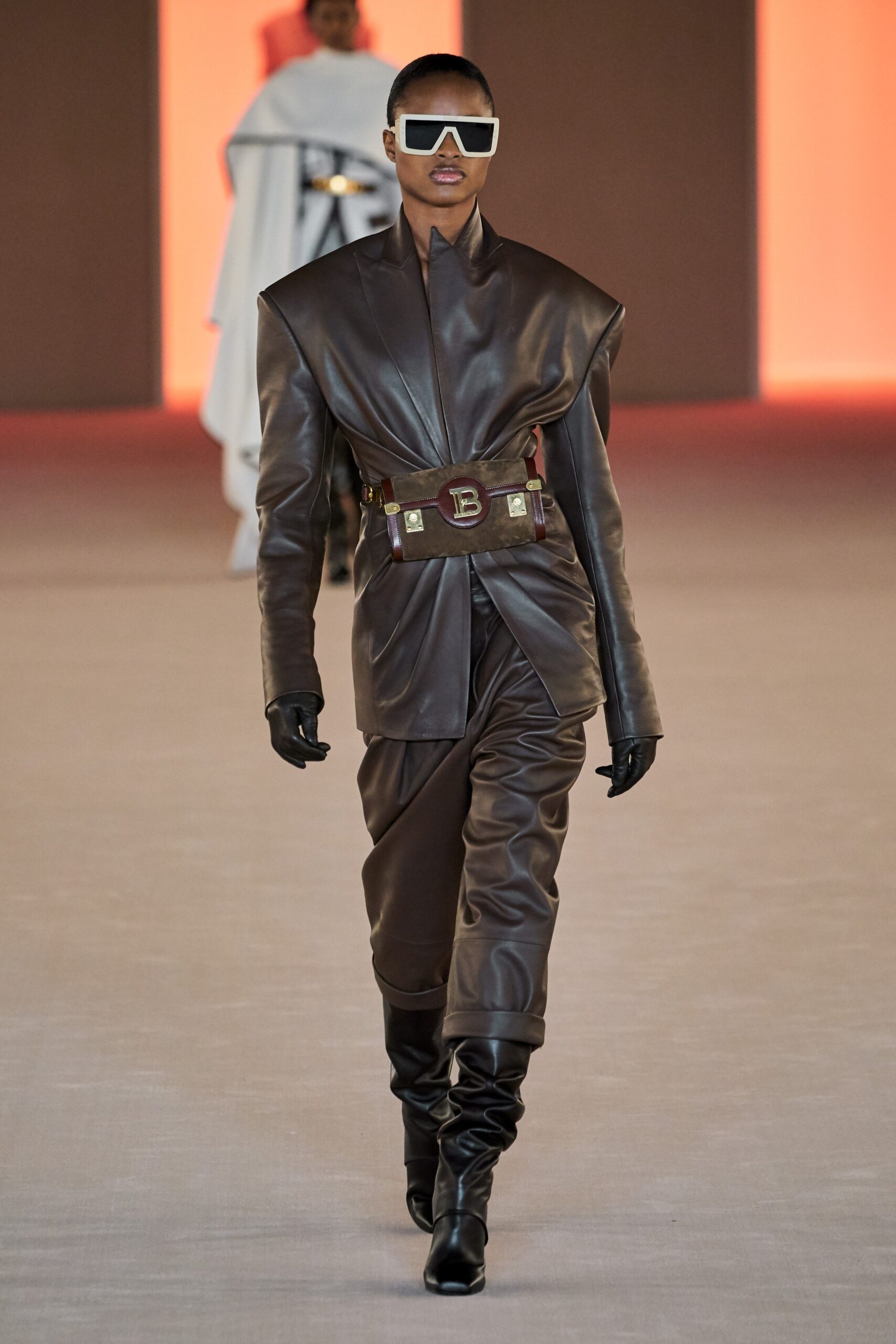brown leather fitted jacket and pants