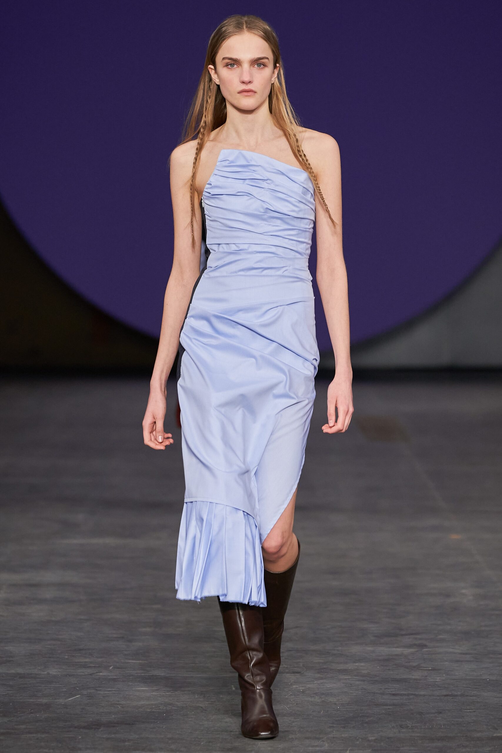 blue cotton strapless asymmetric fitted ruched draped dress