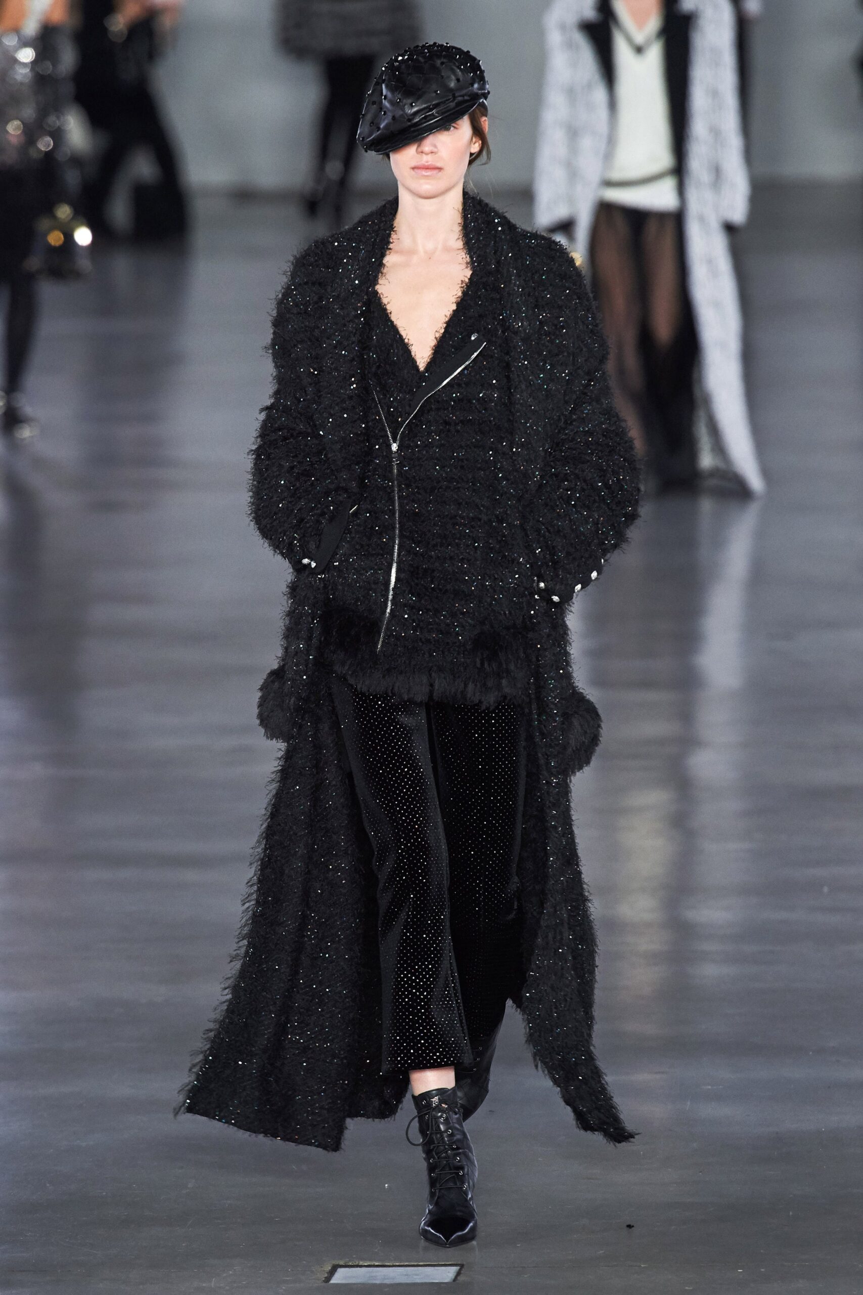 black fur coat with velvet pants