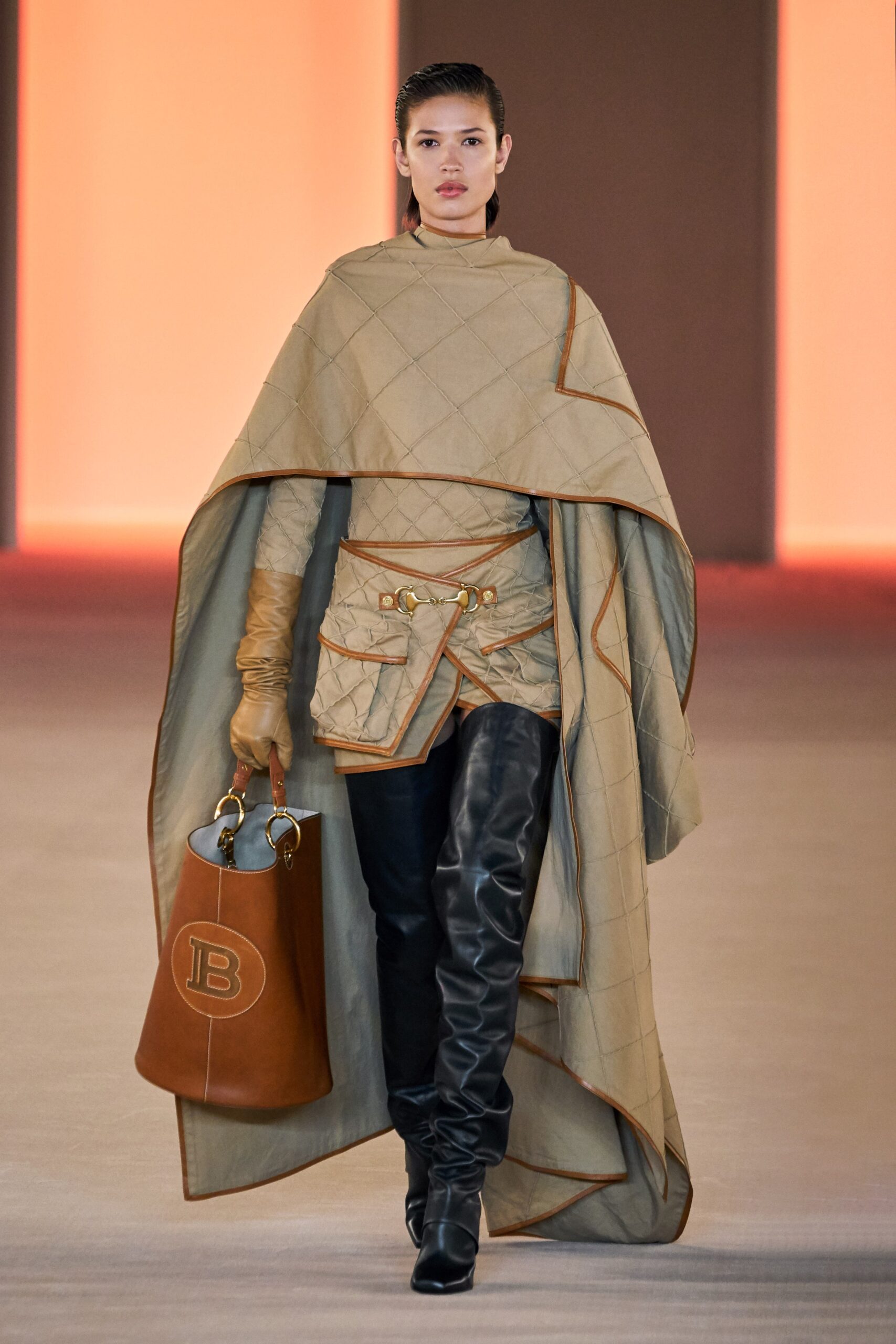 beige cotton sleeveless relaxed quilted belted cape