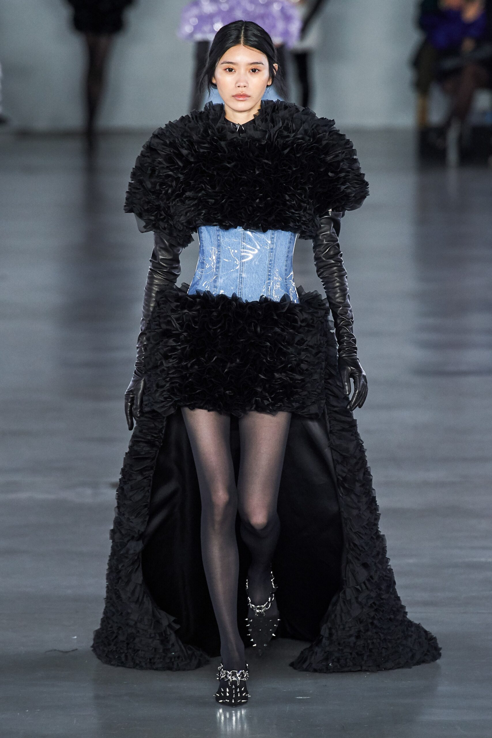 black ruffled midi dress with denim corset