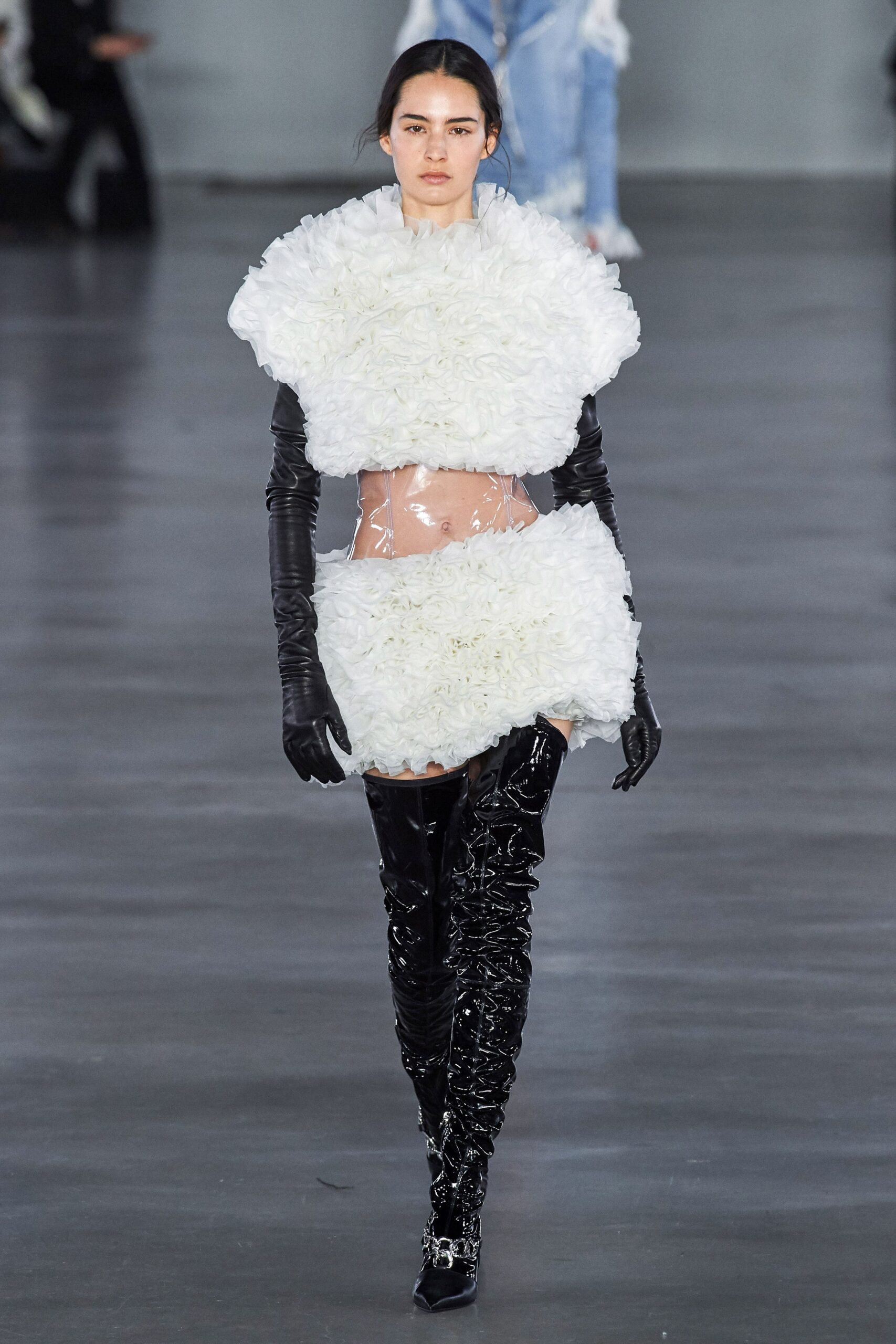 white ruffled mini dress with gloves