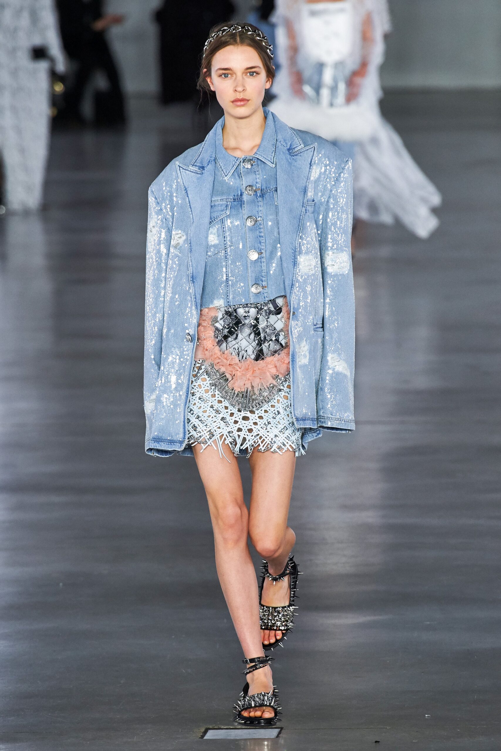 oversized denim jacket with mini skirt